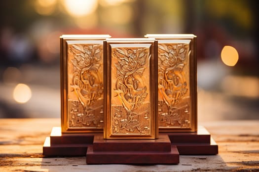 Winner's award in the form of gold bars on a wooden surface with golden bokeh in the background.