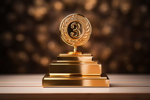 Gold award, prize for 3rd place on a wooden table top with golden bokeh on the background. Competition concept.