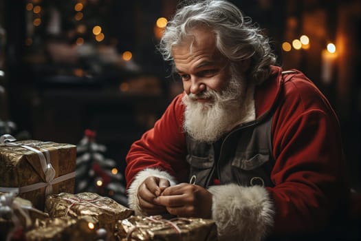 Santa Claus smiling and packing gifts for children at home. Merry Christmas and Happy New Year concept. AI generated