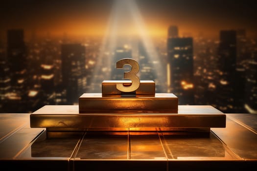 Gold trophy for third place. The number three is on a golden pedestal with a glow. Blurred city background.
