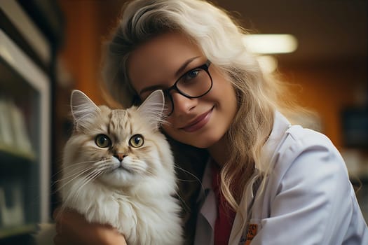 Woman veterinarian with beautiful cat in clinic portrait. Helping animals concept. AI generated