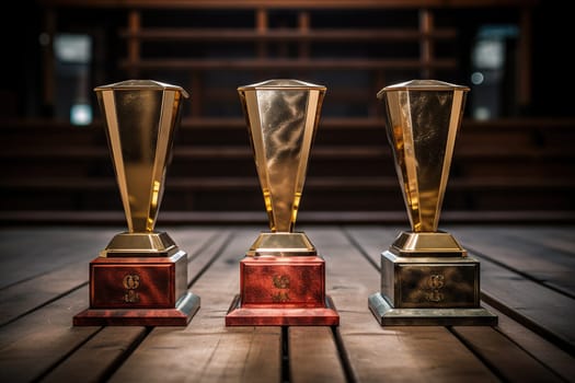 Three gold champion cups on a wooden tabletop. Winner's golden trophy.