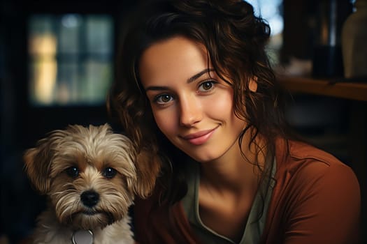 Portrait of young beautiful woman with purebred puppy. Pet care concept. AI generated