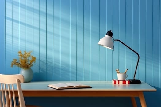 Table with lamp, plant and handles against a blue wall. Workplace, minimalism. Generated by artificial intelligence