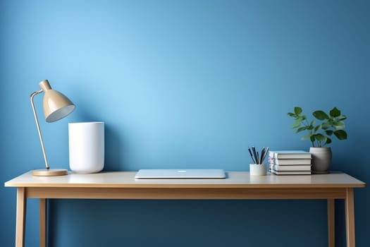 Table with lamp, plant and handles against a blue wall. Workplace, minimalism. Generated by artificial intelligence