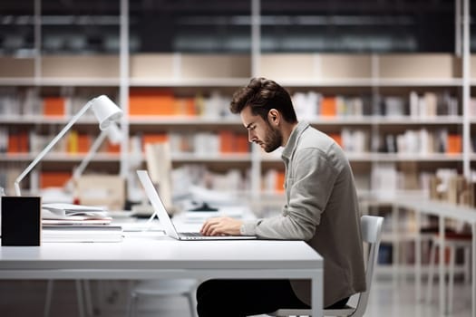 Focused business man sit at workplace desk at home office cozy room working on laptop, make analysis sales stats results, learn graphs and making financial forecasts. Busy workday, modern tech concept