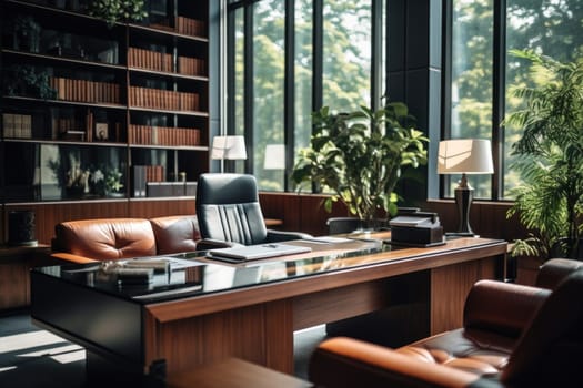 Interior of an office in a house. Large panoramic windows overlooking the garden. Bookshelves, a large wooden table with a comfortable chair. Well lit room