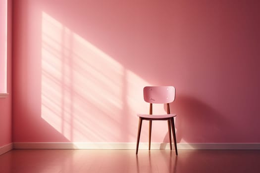 Modern minimalist interior with an armchair on empty pink color wall background.