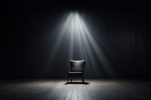 Empty chair in a dark room in the rays of a spotlight.