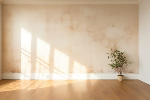 Modern interior of a room with light walls with an antique effect. Potted plant in an empty room.