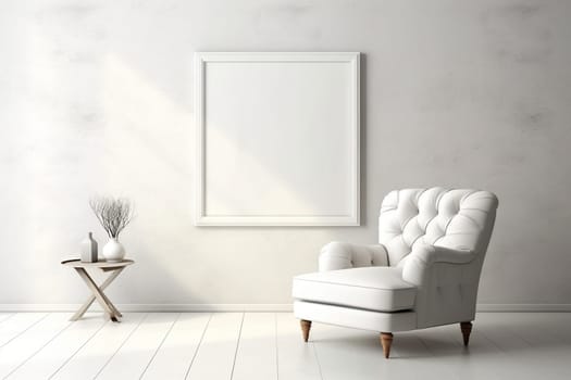 Beautiful bright living room interior with a comfortable white armchair and a large white painting on the wall.