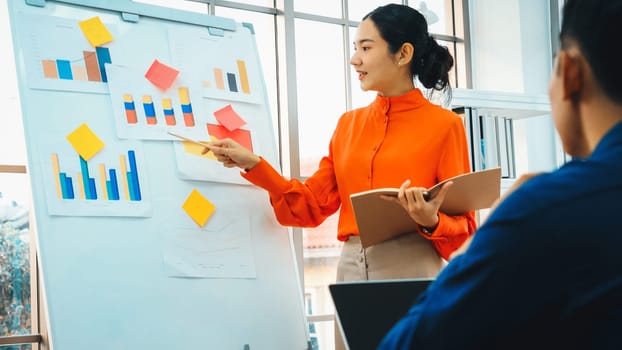 Young woman explains business data on white board in casual office room . The confident Asian businesswoman reports information progress of a business project to partner to determine strategy . Jivy