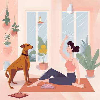 dog stretching woman wellness training cartoon pose illustration relax puppy person home lifestyle yoga sport activity fitness body character cat gymnastics. Generative AI.