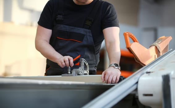 Worker using electric saw portrait. Manual job workplace DIY inspiration improvement fix shop yellow helmet hard hat joinery startup idea industrial education profession career concept