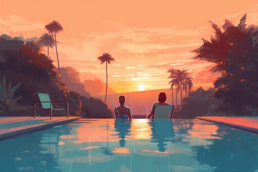 honeymoon man relax paradise back romantic travel pool sunset person vacation jungle resort couple hotel happy bali sunrise spa swimming. Generative AI.