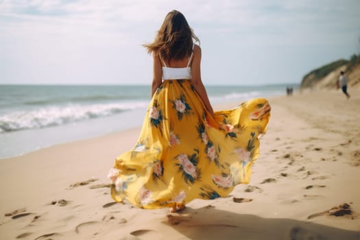 woman girl fashion summer sea sunlight fashionable beach model person beautiful beauty resort dancing sky blue lifestyle hippie dress female pretty. Generative AI.