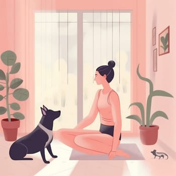 dog healthy woman training relaxation body pose adult illustration fitness meditation female position character lifestyle young home activity sport cartoon yoga. Generative AI.