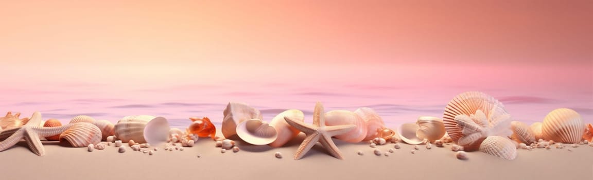 vacation landscape relax space texture sale ocean copy coral sand tropical concept beach seashell nature shell sea summer banner holiday water. Generative AI.