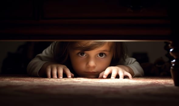 Child hiding under bed. Boy is afraid of dark and monsters under bed. Child sitting on bed, hiding in blanket and shaking. Children phobias concept. Frightened and terrified kid. Copy space