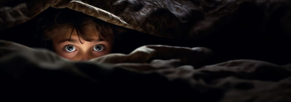 Child hiding under blankets. Boy is afraid of dark and monsters under bed. Child sitting on bed, hiding in blanket and shaking. Children phobias concept. Frightened and terrified kid. copy space