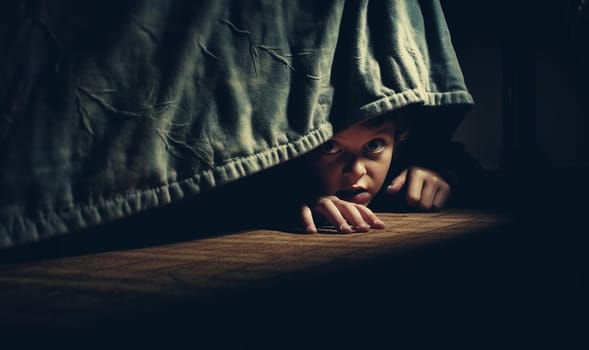 Child hiding under bed. Boy is afraid of dark and monsters under bed. Child sitting on bed, hiding in blanket and shaking. Children phobias concept. Frightened and terrified kid. Copy space