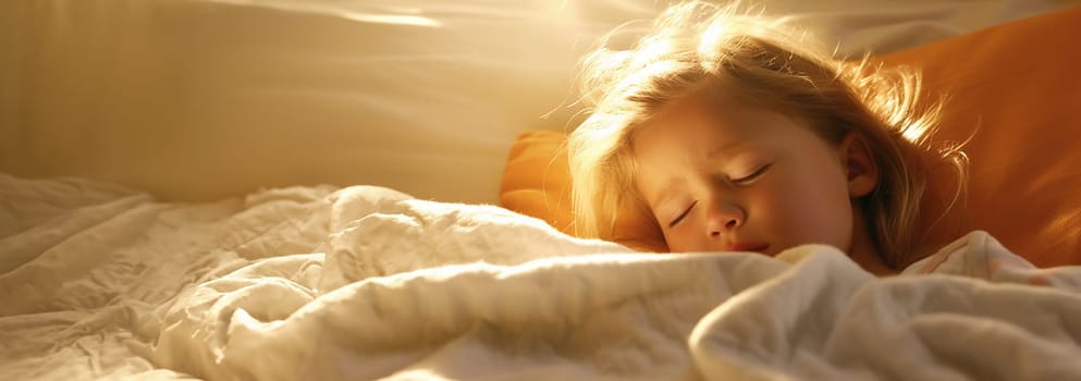 Child sleeping in bed or taking a nap with sunlight. Adorable kid boy after sleeping in white bed. Cute healthy little toddler baby boy child sleeping taking a nap under blanket in bed copy space Space for text