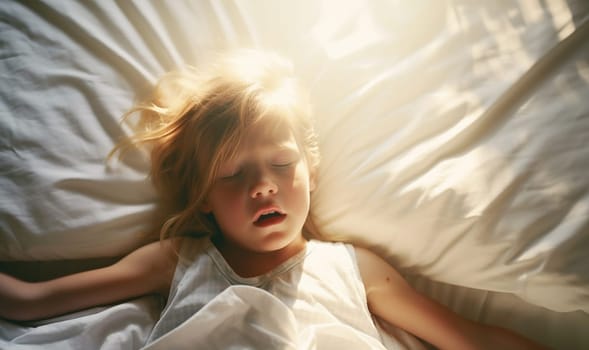 Child sleeping in bed or taking a nap with sunlight. Adorable kid boy after sleeping in white bed. Cute healthy little toddler baby boy child sleeping taking a nap under blanket in bed copy space Space for text