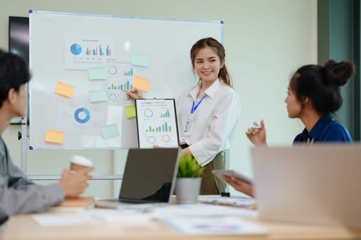 portrait of young asian business team presents business profits to colleagues at meeting, explaining business turn over on flipchart to coworkers in office with using tablet