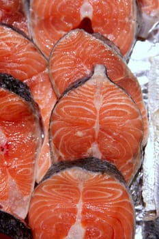 Salmon fish vivid slices in a row, marketplace textures