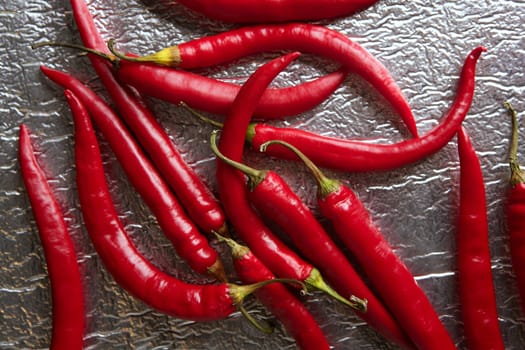 Chili hot peppers in red pattern over silver background