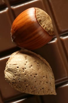 Hazelnuts, aldmonds  and chocolate at studio. Golden brown winter image