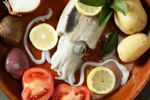 Cuttlefish uncooked, Squid Mediterranean seafood at studio