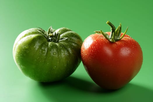 Two color tomatoes, green and red variety, studio shot