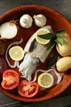 Cuttlefish uncooked, Squid Mediterranean seafood at studio