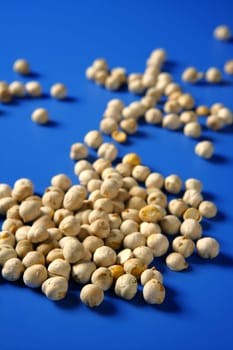 Chickpeas still spread over vivid blue background