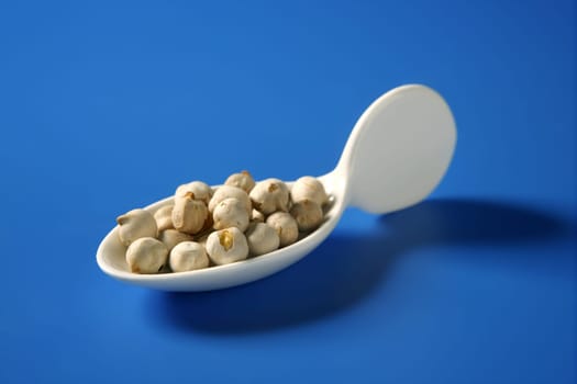 Chickpeas toasted on a white porcelain spoon over blue