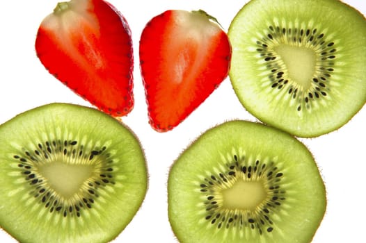 kiwi and strawberry  transparent slices over white background