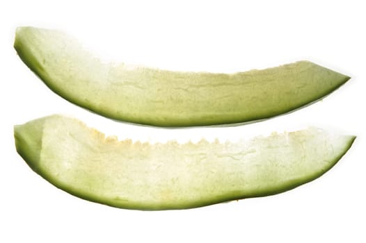 Two melon fruit transparent slices over white background