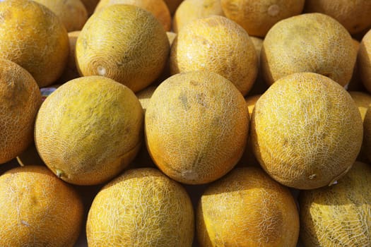 yellow melon fruits market stacked rows sunny day