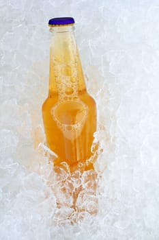 Beer bottle on ice fresh frosted glass transparency