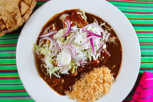 enchiladas of mole and rice Mexican food colorful tablecloth