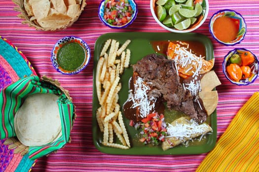 Arrachera beef flank steak Mexican dish assorted chili sauces Mexico spiced