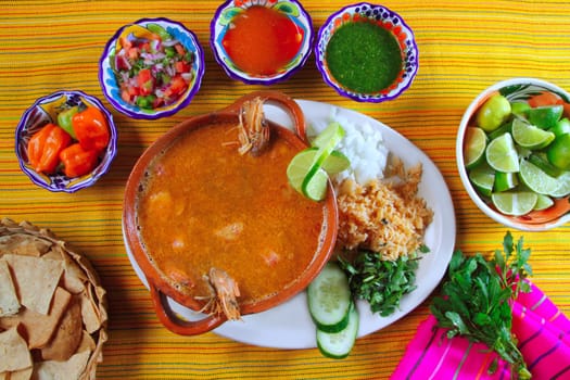 shrimp seafood soup mexican chili sauces and nachos