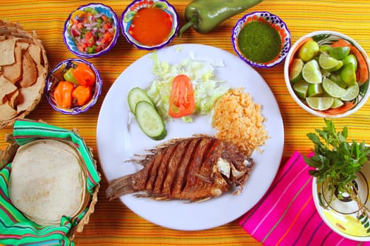 fried mojarra tilapia fish Mexico style with chili sauce and nachos