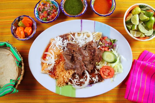 Beef grilled mexican style bisteck chili sauces and tortilla