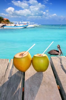 Caribbean fresh coconuts cocktail on pier with pelican in turquoise sea