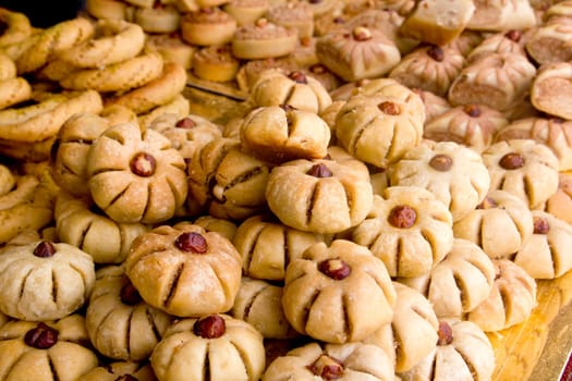 arab sweet pastries cakes stacked bakery with nuts