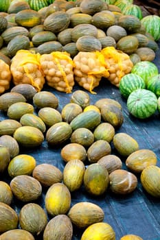 fruits market with melon watermelon and potatoes