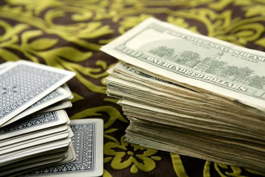 dollar notes and poker cards, gambler tools recreation