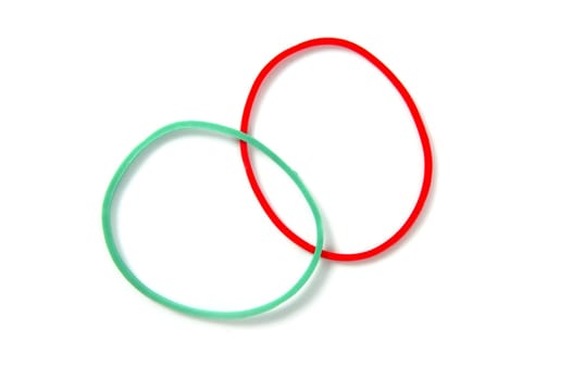 Two color circle rubber bands intersection isolated over white